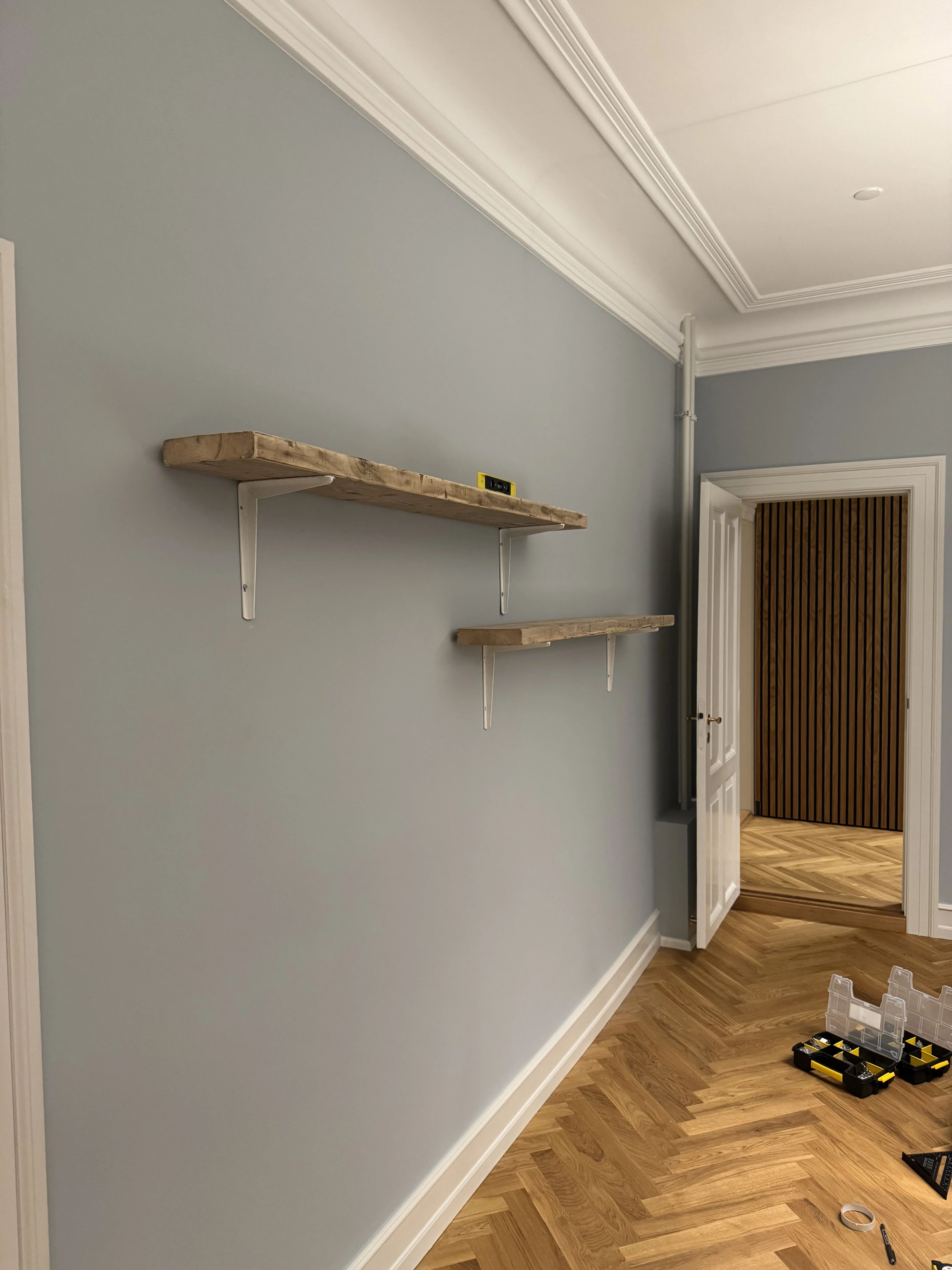 Floating shelves installed in a Copenhagen apartment